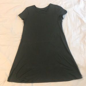 Green strappy front short sleeved dress.